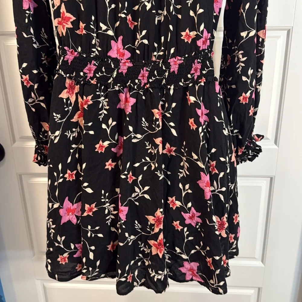 Free People Lighten-Up Mini Dress Black Floral Print Long Sleeve XS